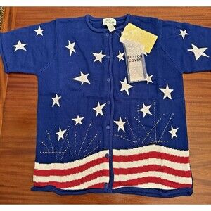 Quacker Factory‎ Women Large Sweater Patriotic NWT USA Flag Stars Button Covers